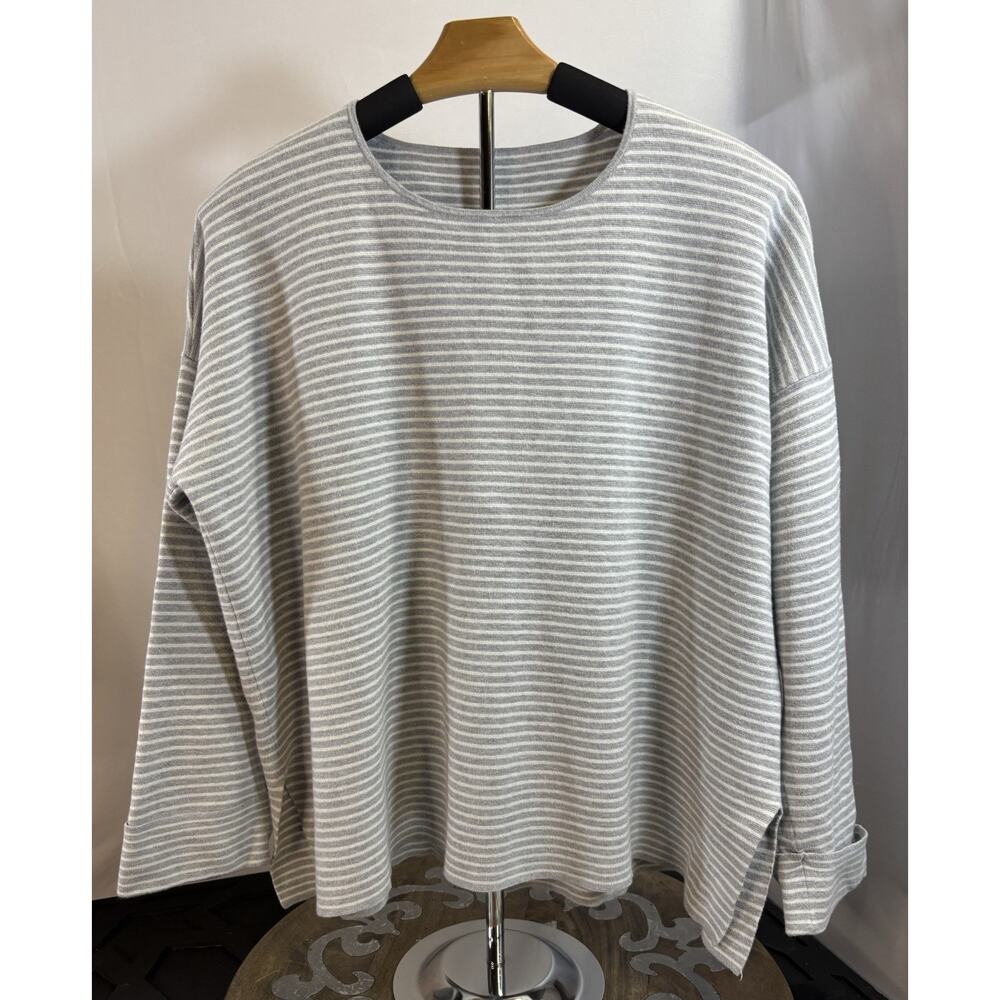 Eileen Fisher Organic Cotton Silk Striped Boxy Top Gray Women XL *missing Sz Tag